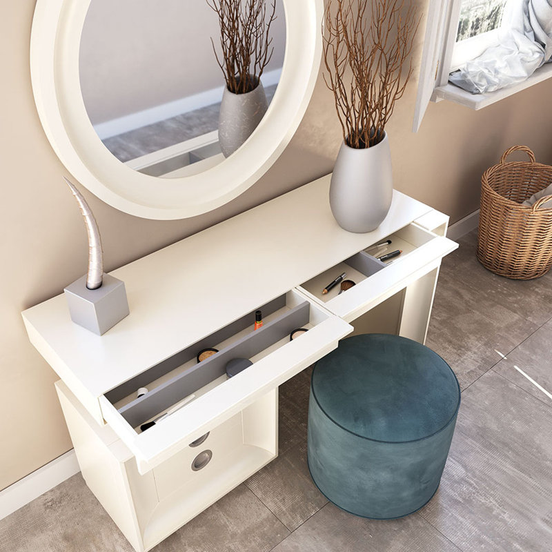 Ensemble coiffeuse en bois massif avec tabouret, Mat