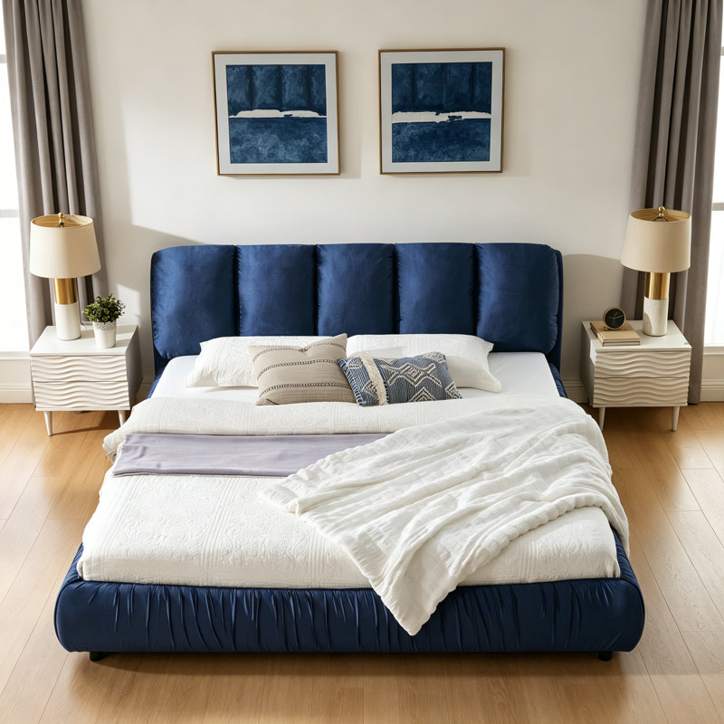 Structure de lit tapissier pour grand lit, style minimaliste moderne avec tête de lit éponge compressée dodue, velours brillant et repose-pieds robuste, matelas non inclus - bleu foncé