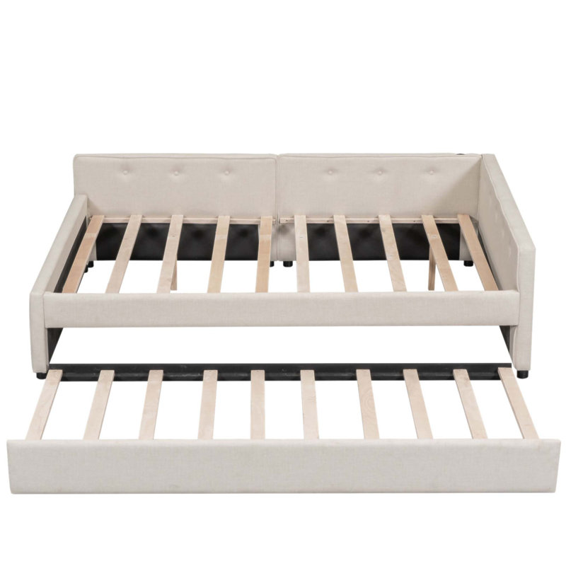 Lit plateforme tapissier avec lit gigogne simple et USB, Double