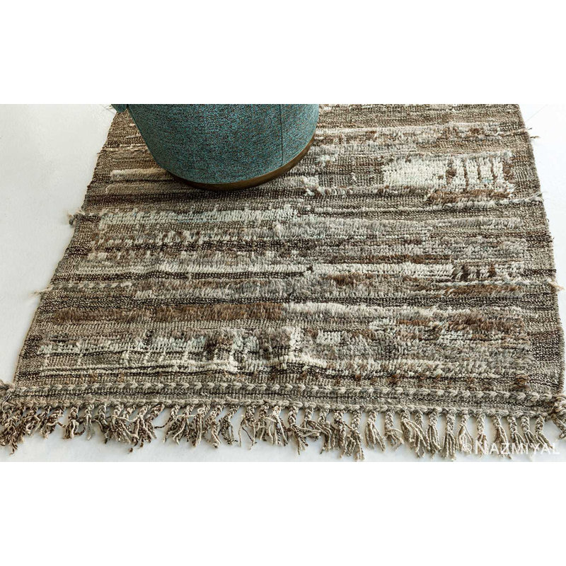 Modern Distressed One-of-a-Kind Rectangle 4'2" x 5'11" New Age Rectangle Wool Area Rug in Brown