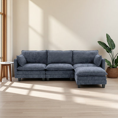 Modern Chenille Sofa Set, 3-Seat Couch with Individual Matching Ottoman, Modular Living Room Furniture with Built-in USB Ports and Side Pockets