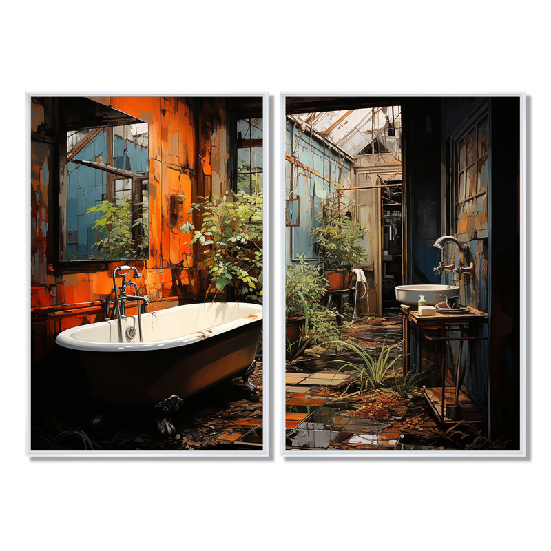 Salle de bain Urban Oasis I - Art mural orange 2 panneaux, H 36 po x l 48 po, Blanc