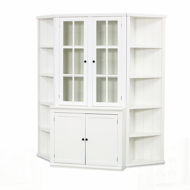 Grande vitrine haute et deux tablettes triangulaires à côtés, combinaison murale de style rétro de 69,25 po de largeur avec portes en verre, pour les couloirs, le salon, le bureau, le studio ou l'espace de travail
