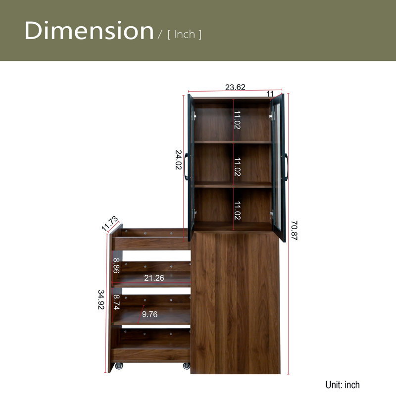 70.87" H Display Storage Cabinet , 4 Tier Multi-Functional Pull-Out Multi-Tier Storage Shelf & 2 Glass Doors, Walnut