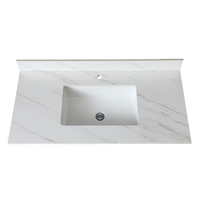 Plateau de meuble-lavabo en pierre frittée blanche 43 pouces - avec lavabo encastré rectangulaire et trou de robinet pré-percé à dosseret de 4 po de hauteur