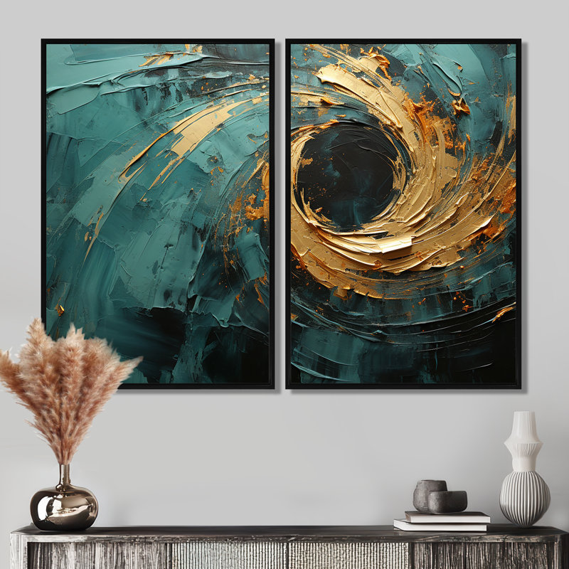 Golden Emerald Surge - 2 panneaux de décoration murale brun moderne, 36" H x 48" W, Impression encadrée flottante, Black