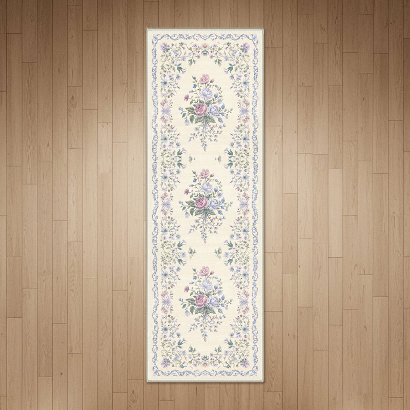 Annawan Romantic Floral Bordered Rug, Machine Washable, Inspired Faux Wool, Non-Slip Backing, Runner 2'6" x 8'