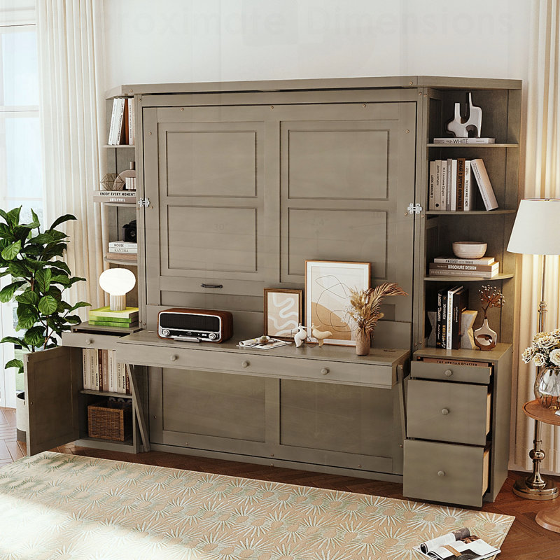 Lit escamotable avec bureau, tablettes et armoires de rangement, lit escamotable pour bureau à domicile peu encombrant, patiné