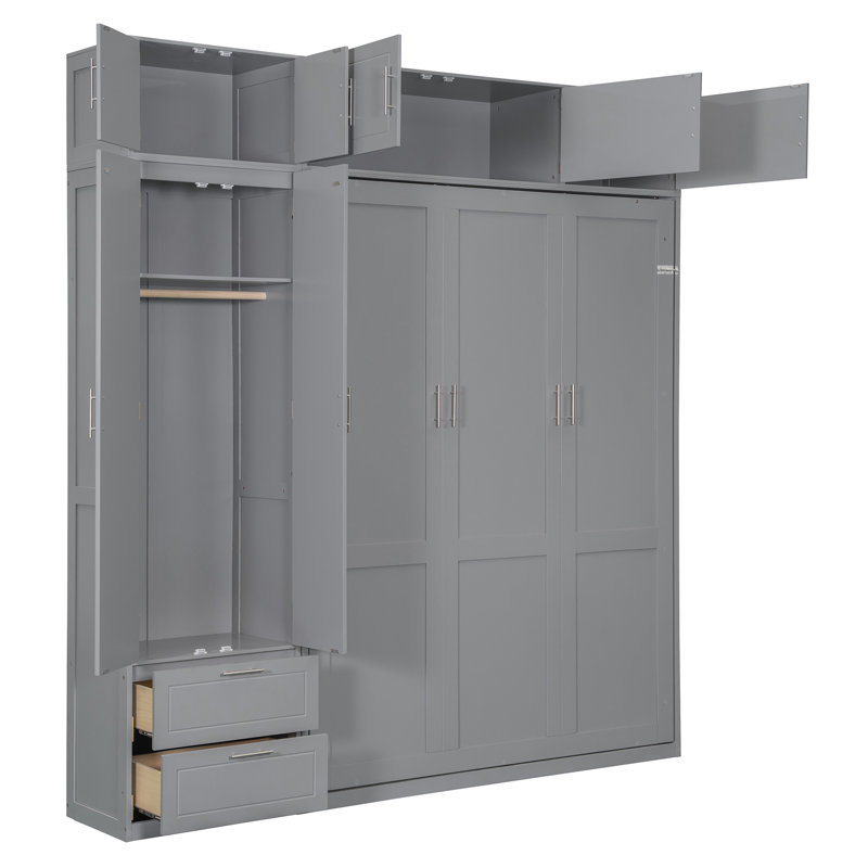 Grand lit escamotable mural avec armoire supérieure, tablettes et garde-robe, Gris