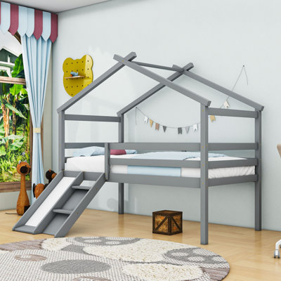 Lit mezzanine simple en bois en forme de maison avec échelle et toboggan