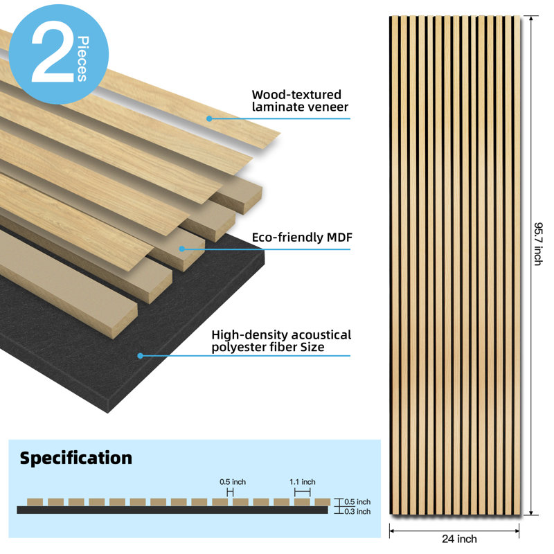 2Pcs 95.7" L x 24" W Acoustic Wood Wall Paneling, Decorative Soundproof Panels for Walls and Ceilings, 3D Slat Wood Wall Panels (31.9 sq.ft./Case))