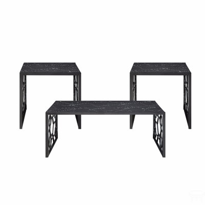 3-Piece Occasional Table Set Black Cocktail Table End Tables Marble-Print Tempered Glass Top