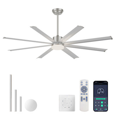 Ventilateur de plafond 72 pouces avec moteur à courant continu avec lumière, 8 pales en aluminium PCS, télécommande à 6 vitesses, ventilateur de plafond commercial à hauteur réglable (3 tiges) pour porche / garage / atelier - argent