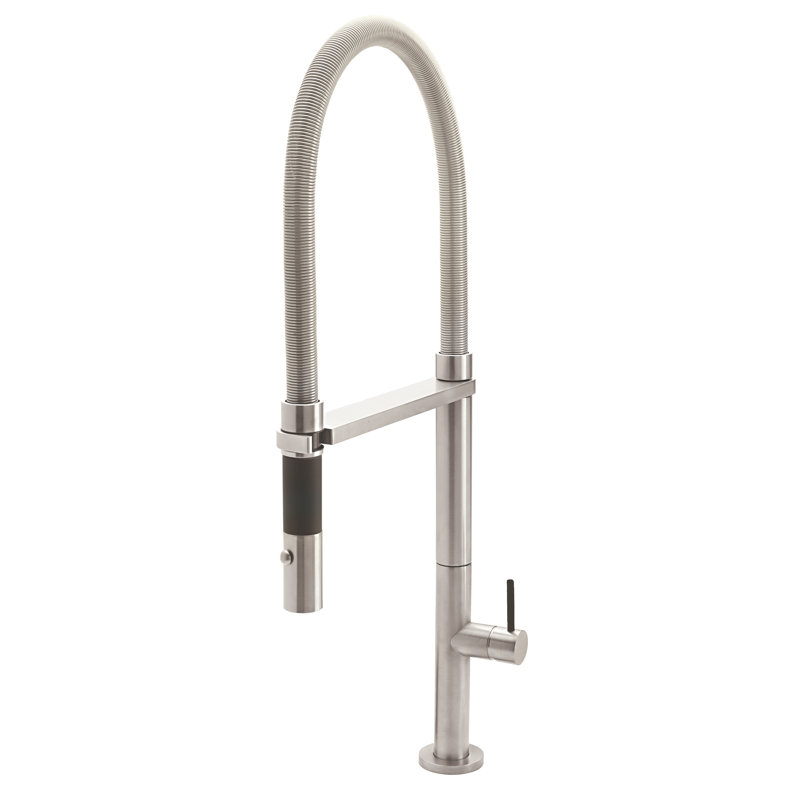 Culinary Pull-Out Kitchen Faucet With Button Sprayer, Black Short Stick, Satin Nickel