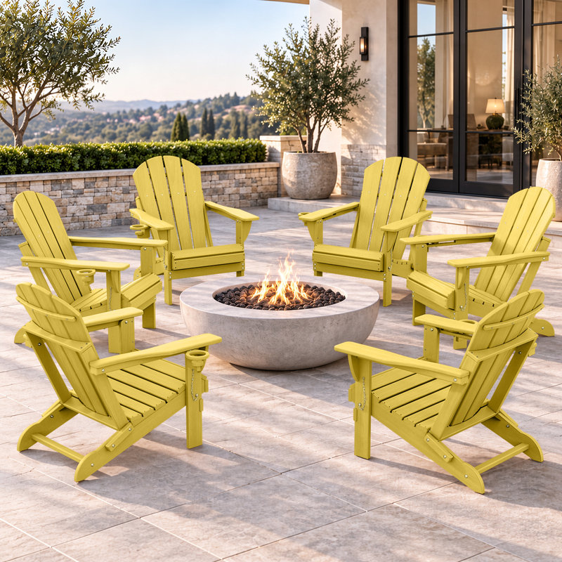 Ensemble de chaises pliantes 6 pièces Adirondack en PEHD avec texture d'aspect bois et porte-gobelets, Lemon Yellow