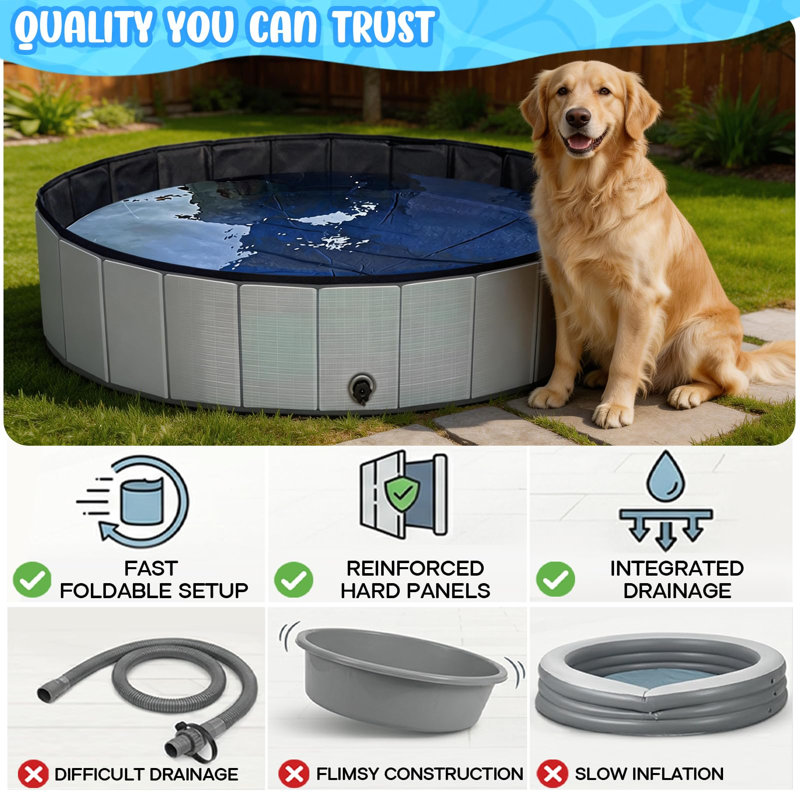 Piscine pliable pour chien 63 po, L 5,25 po x H 11,8 po, Gris
