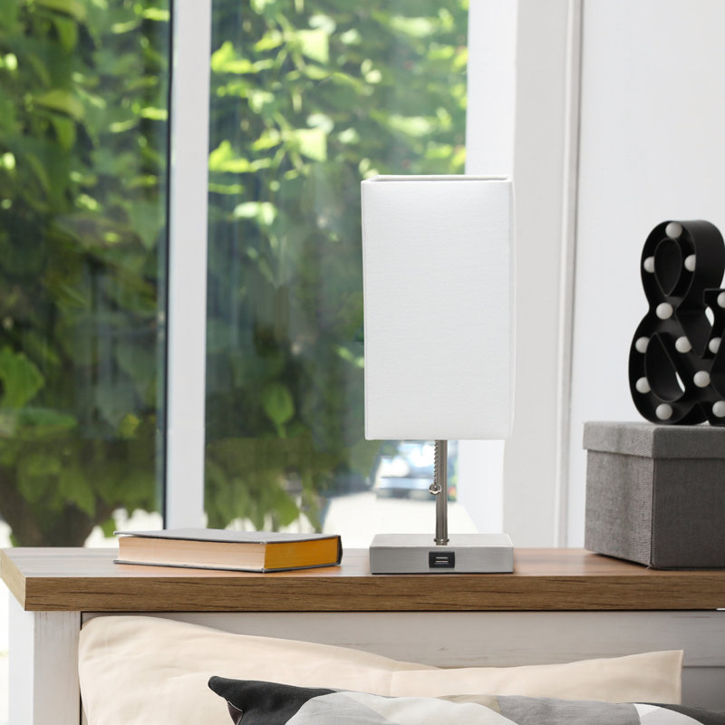  Petite lampe bâton avec port de charge USB et abat-jour en tissu, blanc
