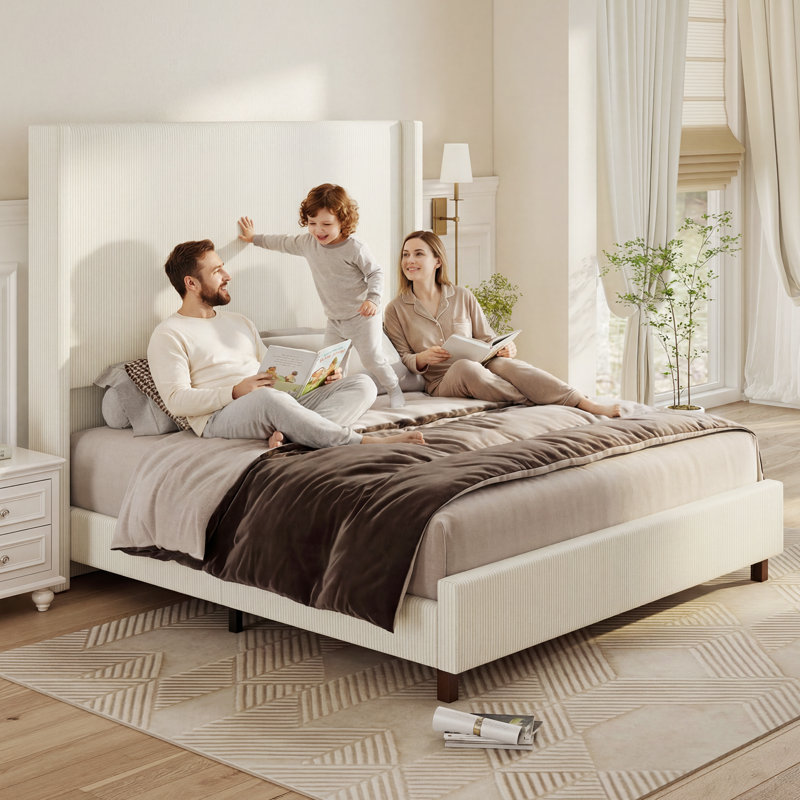 Cadre de lit King Size moderne en velours côtelé de 79,9 pouces de large, avec tête de lit haute à oreilles et pieds en bois
