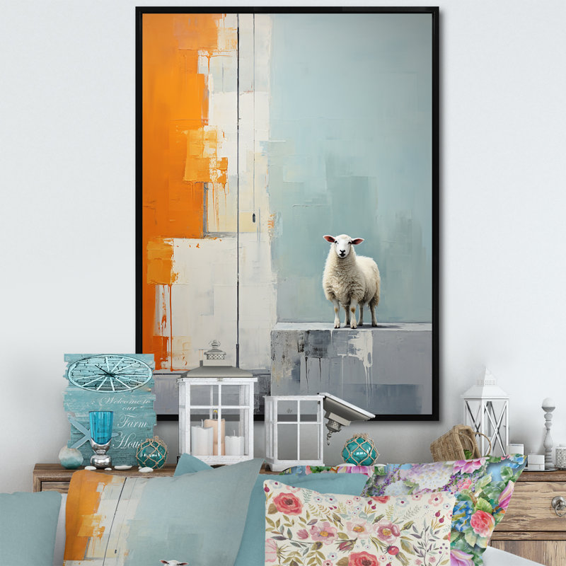 «Sheep Minimalist Cubism - Animals», reproduction d'art sur toile, H 40 po x l 30 po x P 1,5 po, Cadre flottant noir