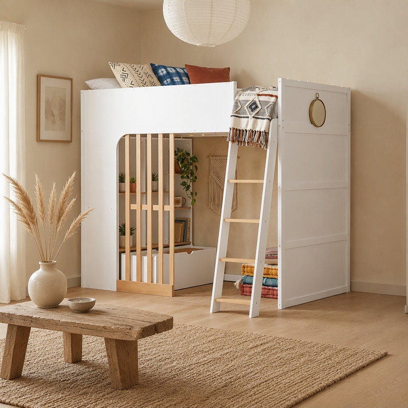 Lit mezzanine simple avec tablettes, lit mezzanine en bois avec échelle et tablettes de rangement, blanc et chêne naturel