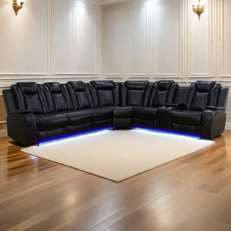 Jessmeet 3-Piece Power Reclining Sectional Set with Wireless Charging, Reading Lights & LED Lighting, Black