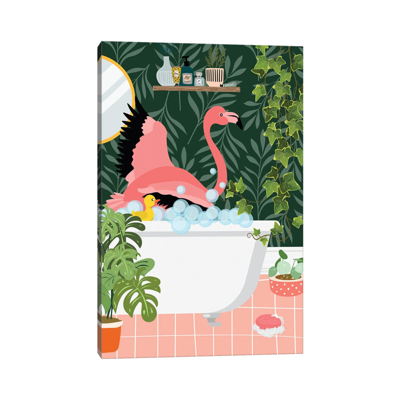 Flamingo Taking A Bath In Botanical Bathroom by Jania Sharipzhanova - No Frame Gallery-Wrapped Canvas Giclée on Canvas