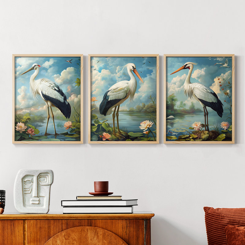 Aviary Study  Series  XXXVII  -Set Of 3 Framed Giclee Prints -Ready to Hang, Natural Framed, 10" H x 8" W