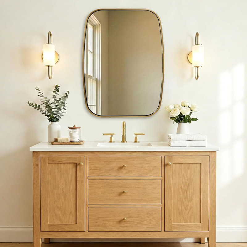 Miroir de salle de bain contemporain | Cadre épais en acier inoxydable, 32 po x 24 po, Or brossé