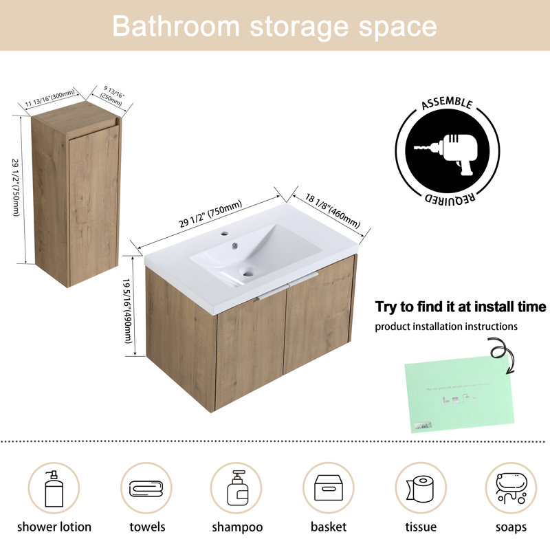 Ensemble de meuble-lavabo mural 30 po avec lavabo en résine et armoire murale, 30"