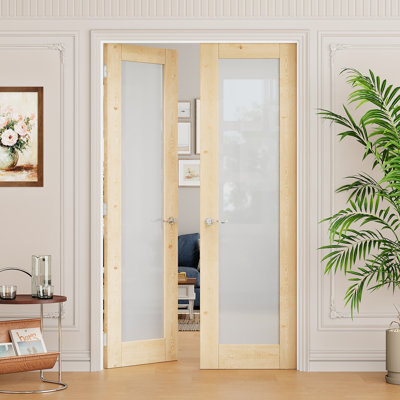 Intérieur 1 porte en bois de pin et verre givré 1-Lite, portes françaises doubles en pin massif naturel Colonial, verre trempé certifié SGCC, cadre blanc et quincaillerie en nickel satiné - levier de porte d'intimité avec serrure, loquet et charnières, non fini et à peindre, 48 po x 80 po