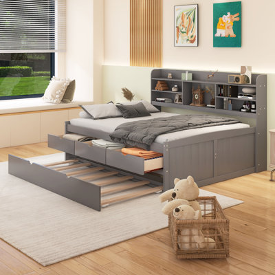 Wooden Captain Bed With Built-In Bookshelves,Three Storage Drawers And Trundle