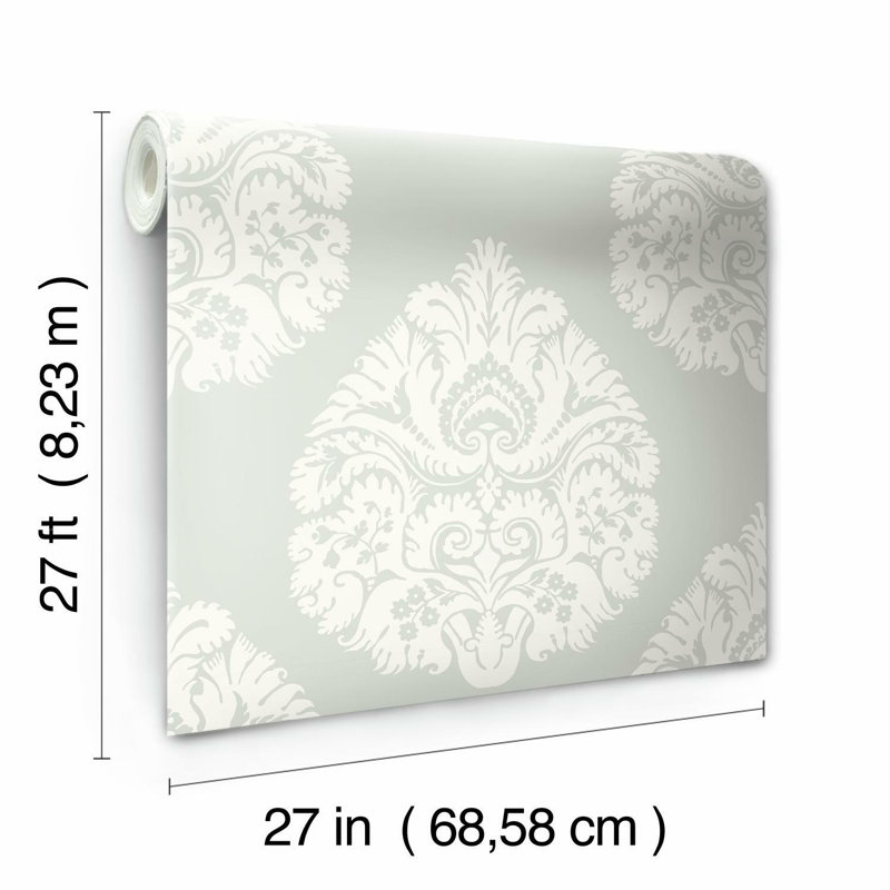 Rouleau de papier peint lisse 27 pi 27 po Teardrop Damask, Gris clair