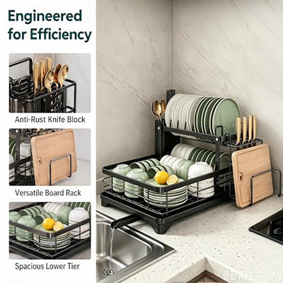 Dish Drying Rack, 2 Tier Space-Saving Dish Rack for Kitchen Counter, Dish Drainer Stainless Steel Rustproof with Drainboard,