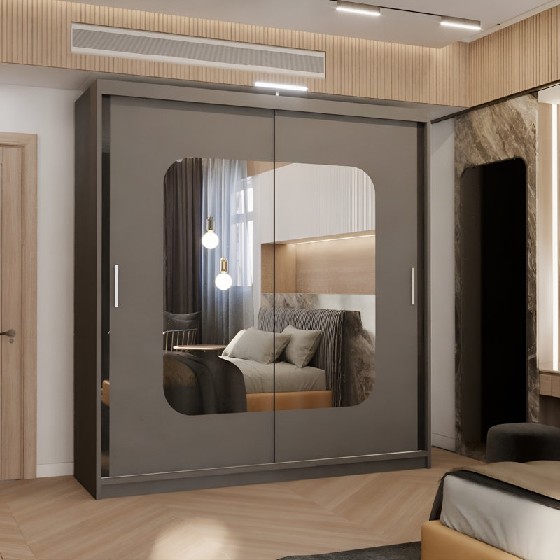Cherith 2 Door Manufactured Wood Wardrobe, 217cm H x 150cm W x 62cm D, Grey