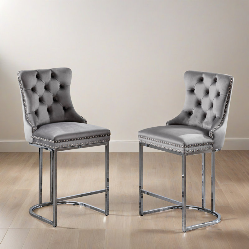 Tabourets de bar modernes à hauteur de comptoir en velours, tabourets de bar rembourrés avec base chromée (ensemble de 2)