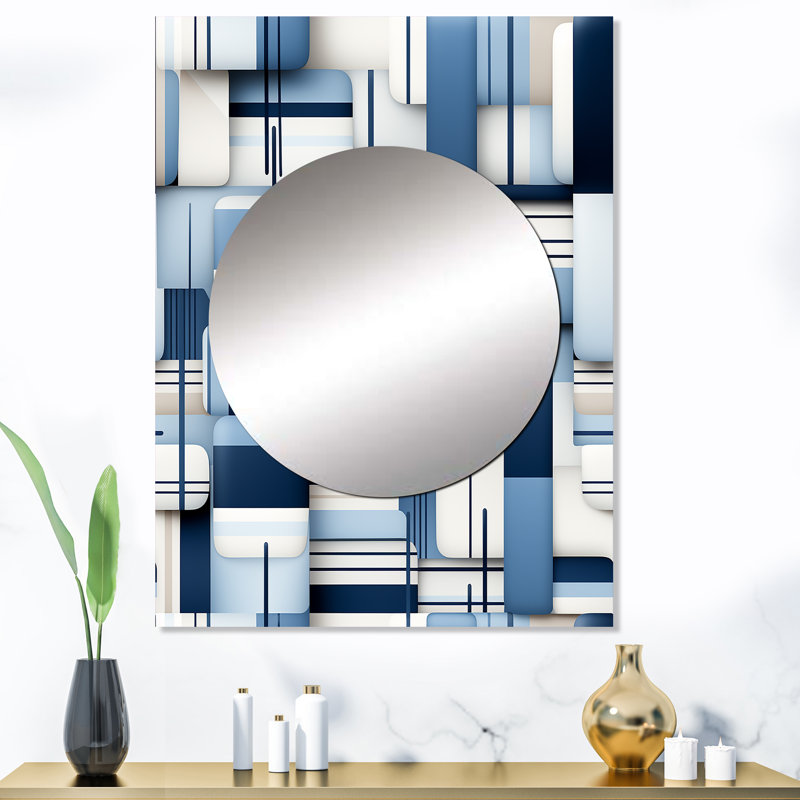 Blocs géométriques blancs et bleus Harmony - miroir décoratif géométrique, miroir mural moderne, impression d'art en métal