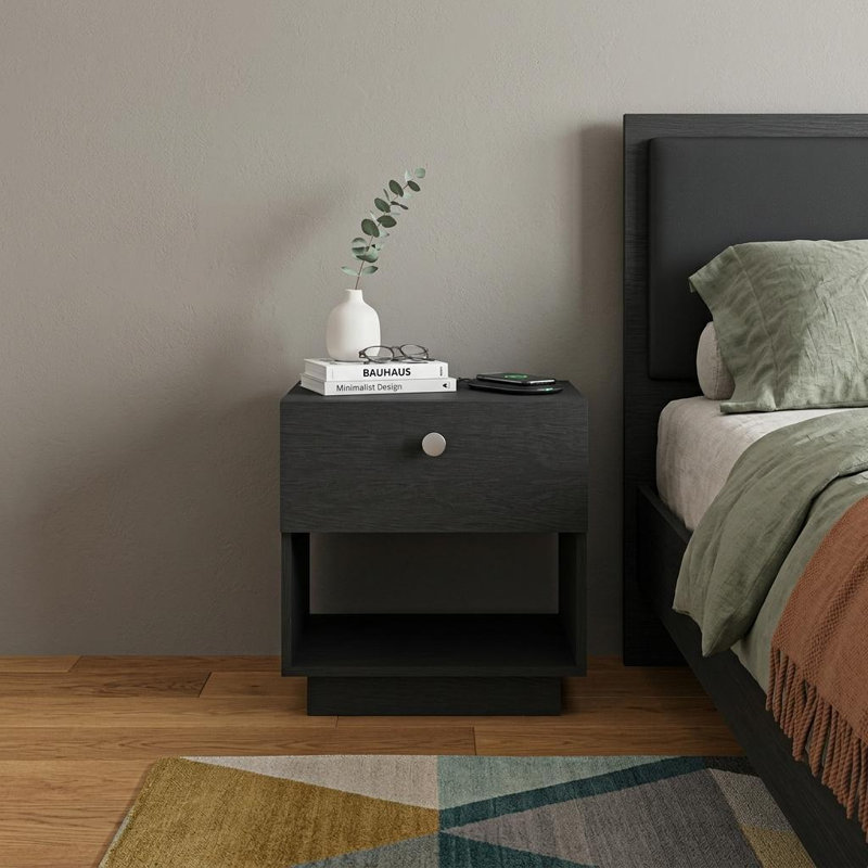 Normant 20" Black Wood One Drawer Nightstand