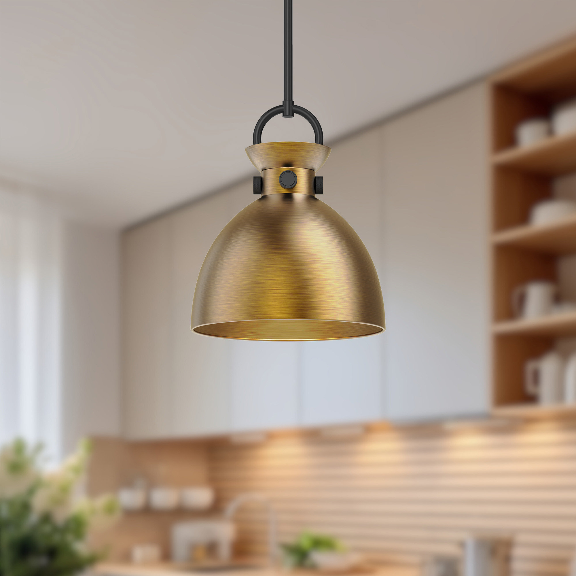 Tinka Single Light Metal Steel Pendant, Matte Black, 12.75" H x 10.5" W x 10.5" D, Aged Gold