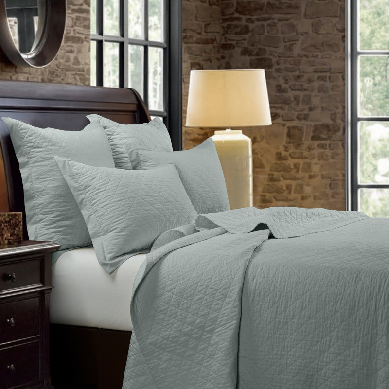 Organic Gray Cotton Full Quilt Set with Diamond Pattern