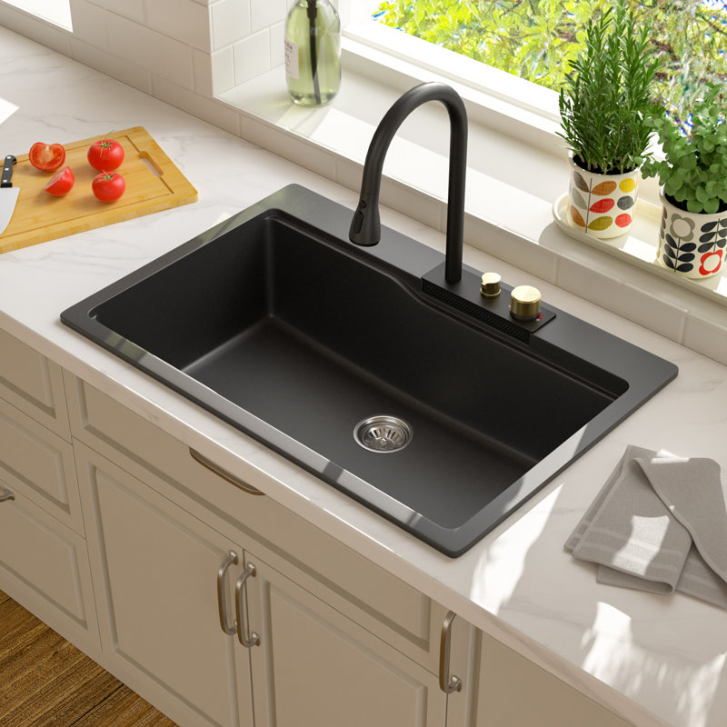 Quartz 33" X 22" Granite Composite Drop In Kitchen Sink Workstation Waterfall Single Bowl Sink, Matte Black, Black