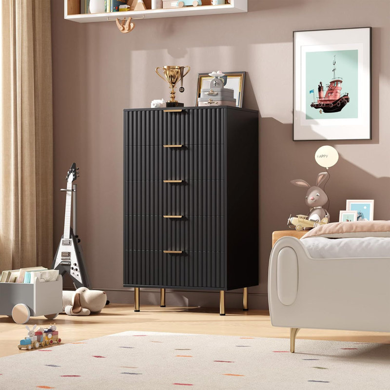 Modern 5 Drawer Dresser for Bedroom Fluted Nightstand with Deep Drawers Chest of Drawers with Wide Top Wooden Dresser Organizer Side Table for Living Room Hallway s Room