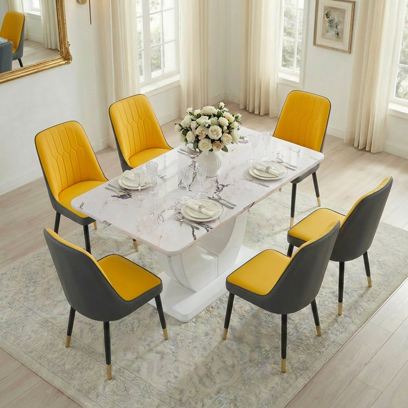 Ensemble de table de salle à manger rectangulaire L 62,99 po x l 35,43 po, Blanc, Orange / gris foncé