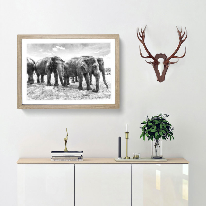 Elephants in Sri Lanka - Framed Print, 33cm H x 45cm W x 2cm D, Oak Framed