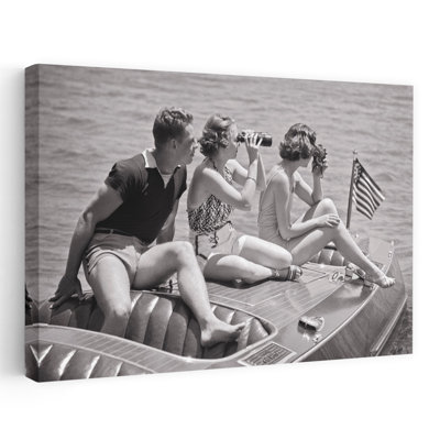 1930S Man And Two Women Sitting On Deck Of Runabout Motor Speedboat Watching Water Event With Binoculars 8Mm Home Movie Camera Contemporary Portrai...