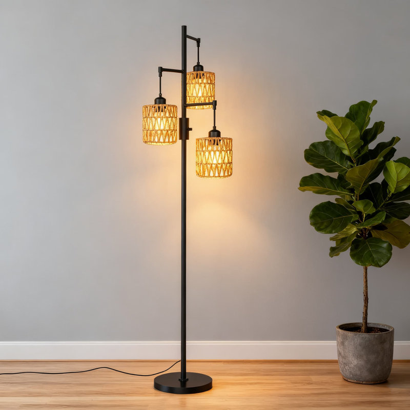 3-Light Boho Floor Lamp With Rattan Wicker Shade, Adjustable Dimmable Standing Lamp For Living Room, Farmhouse Coastal Decor With Interchangeable Palm Tree Design Shades