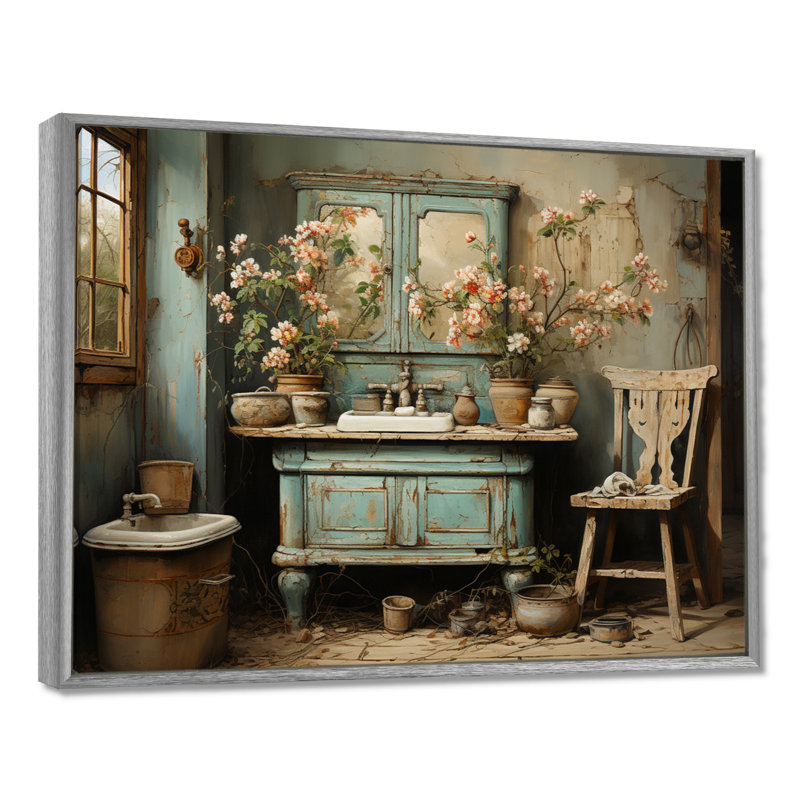 «Bathroom Bathroom Vintage Charm I» - Art mural encadré pour salle de bain, H 30 po x l 40 po x P 1,5 po, Encadrement argenté