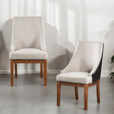 Brown 2-Tone Upholstered Side Chair Of 2, Fabric, Synthetic Leather, Nailhead Trim, 18" Seat Width, 21" Height, 220Lbs Weight Capacity, 14" Floor , 26