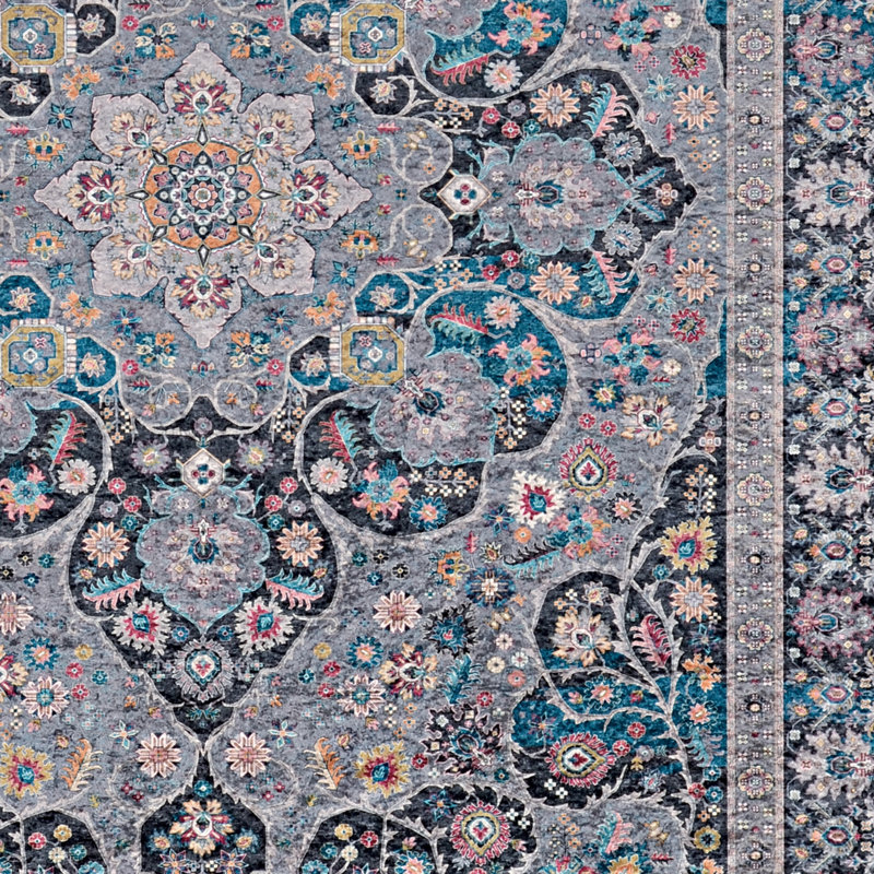 Breedlove Traditional Machine Woven Flatweave Gray and Blue Area Rug with Non Skid Backing, Rectangle 2'2" x 3'2"