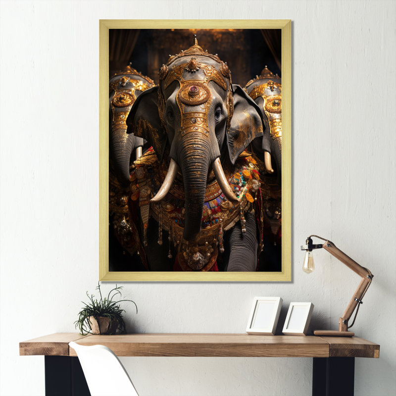 Art asiatique, éléphants thaïlandais sur toile, Encadrement doré, H 44 po x l 34 po x P 1,5 po