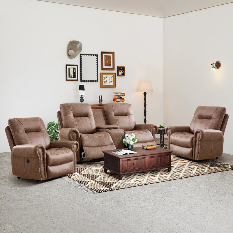 Ensemble de salon inclinable 3 pièces avec deux fauteuils releveurs électriques et causeuse manuelle, Brun rétro